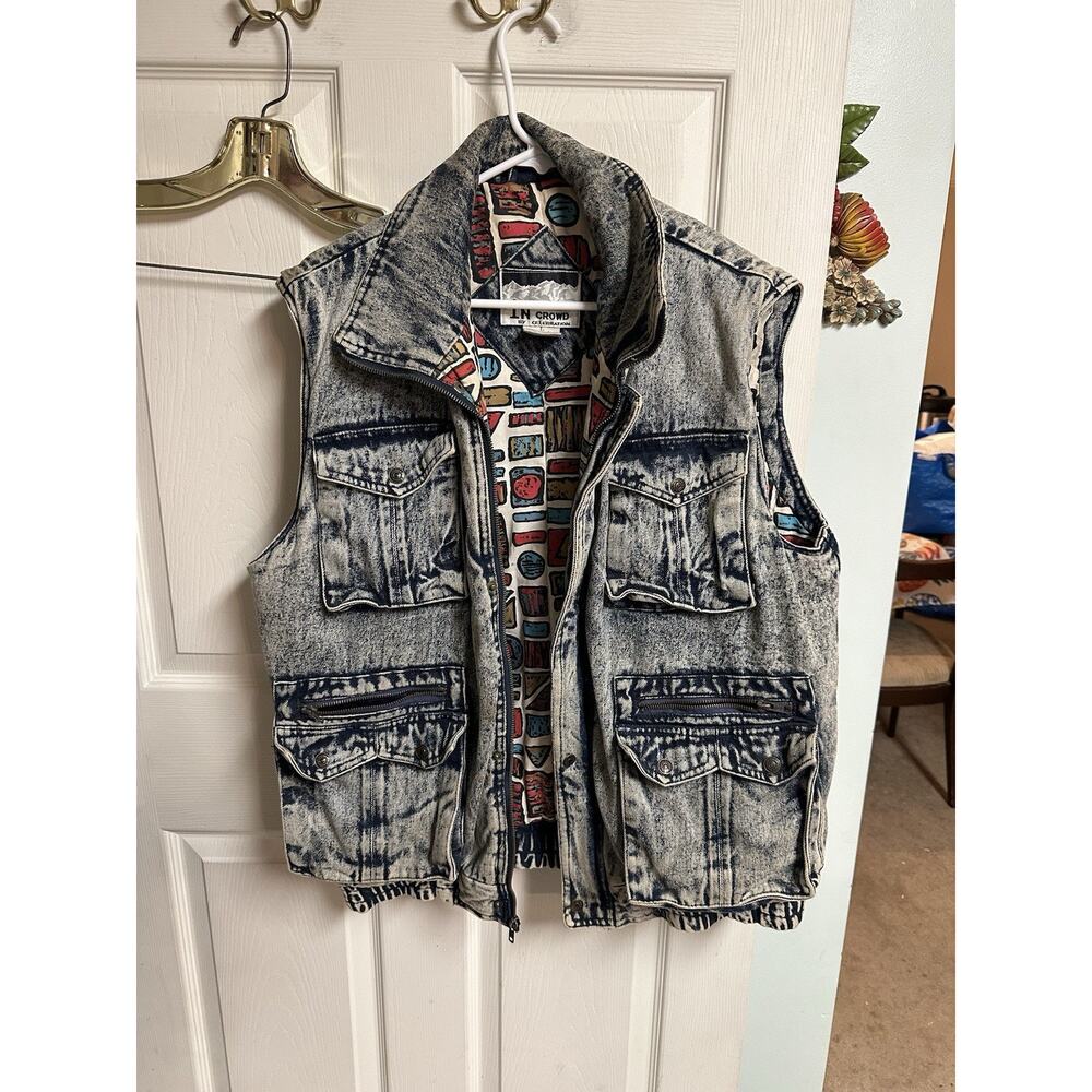90s In Crowd Celebration Denim Vest Jacket Mens Large Full Zip Stone Wash Acid